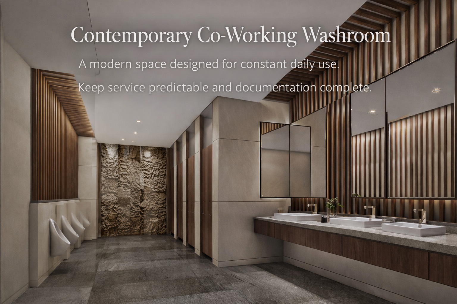Contemporary co-working restroom concept using touchless fixtures